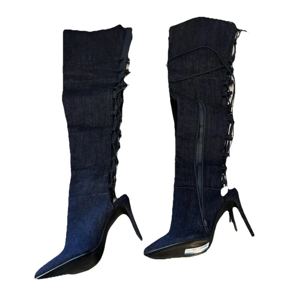 Women's Over The Knee Boots Thigh Denim Platform High Heel Lace Up Birthday 6.5